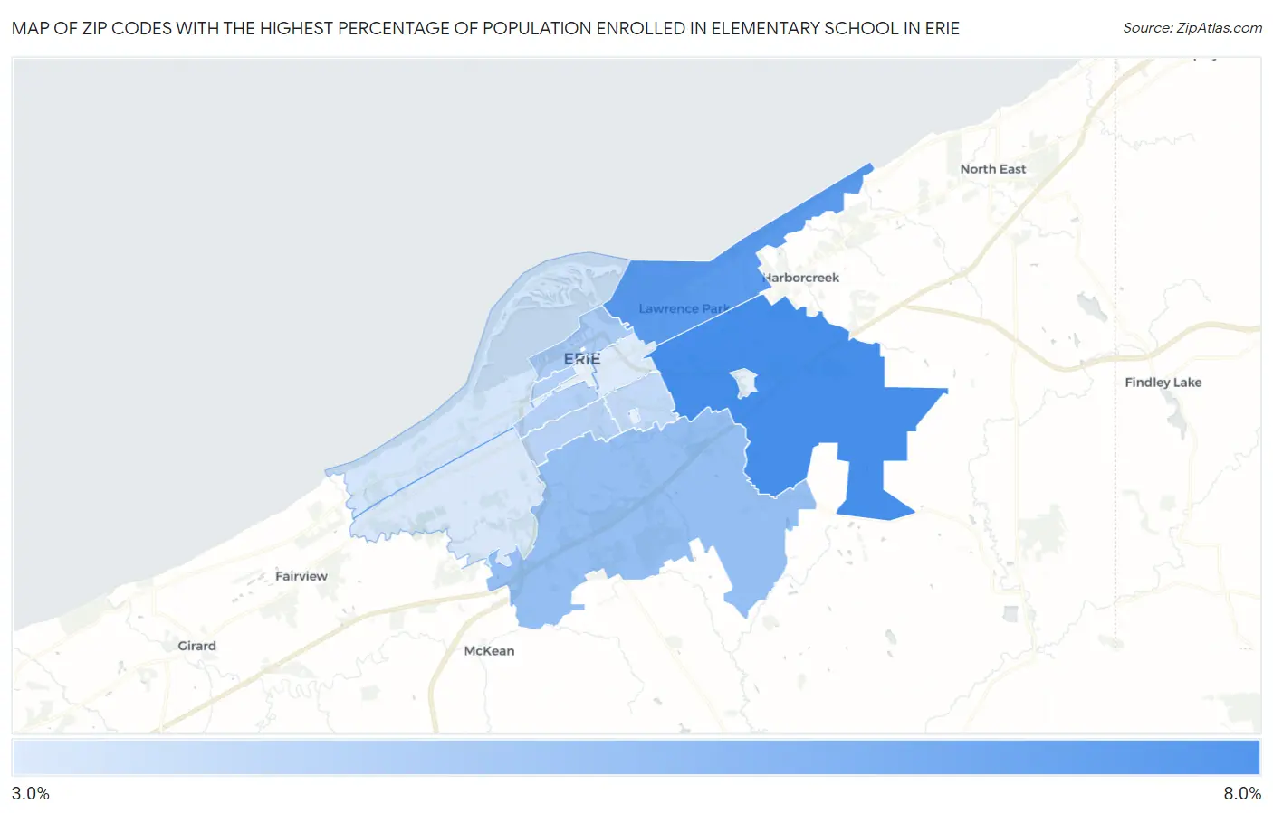 Zip Codes with the Highest Percentage of Population Enrolled in Elementary School in Erie Map