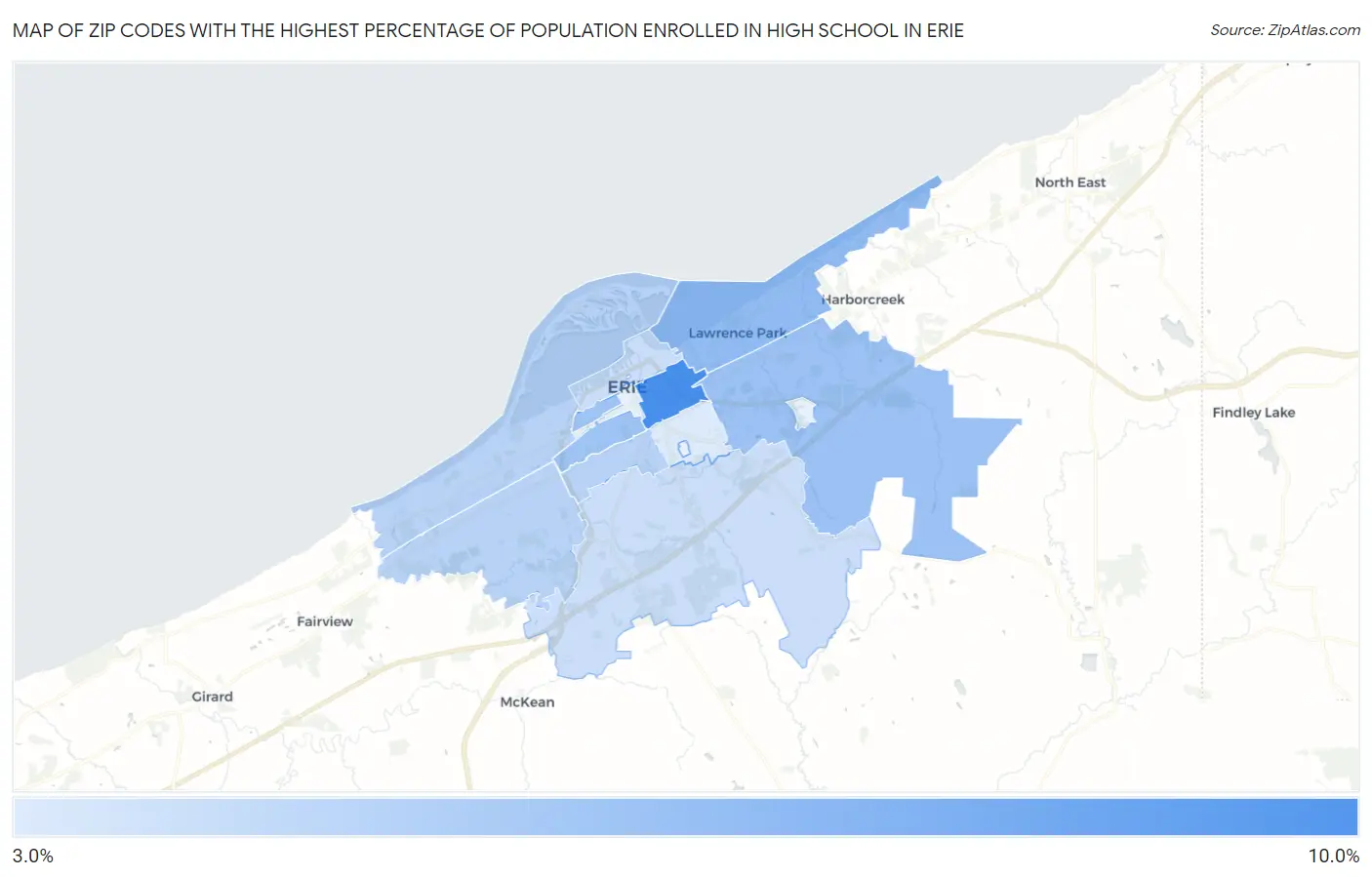 Zip Codes with the Highest Percentage of Population Enrolled in High School in Erie Map
