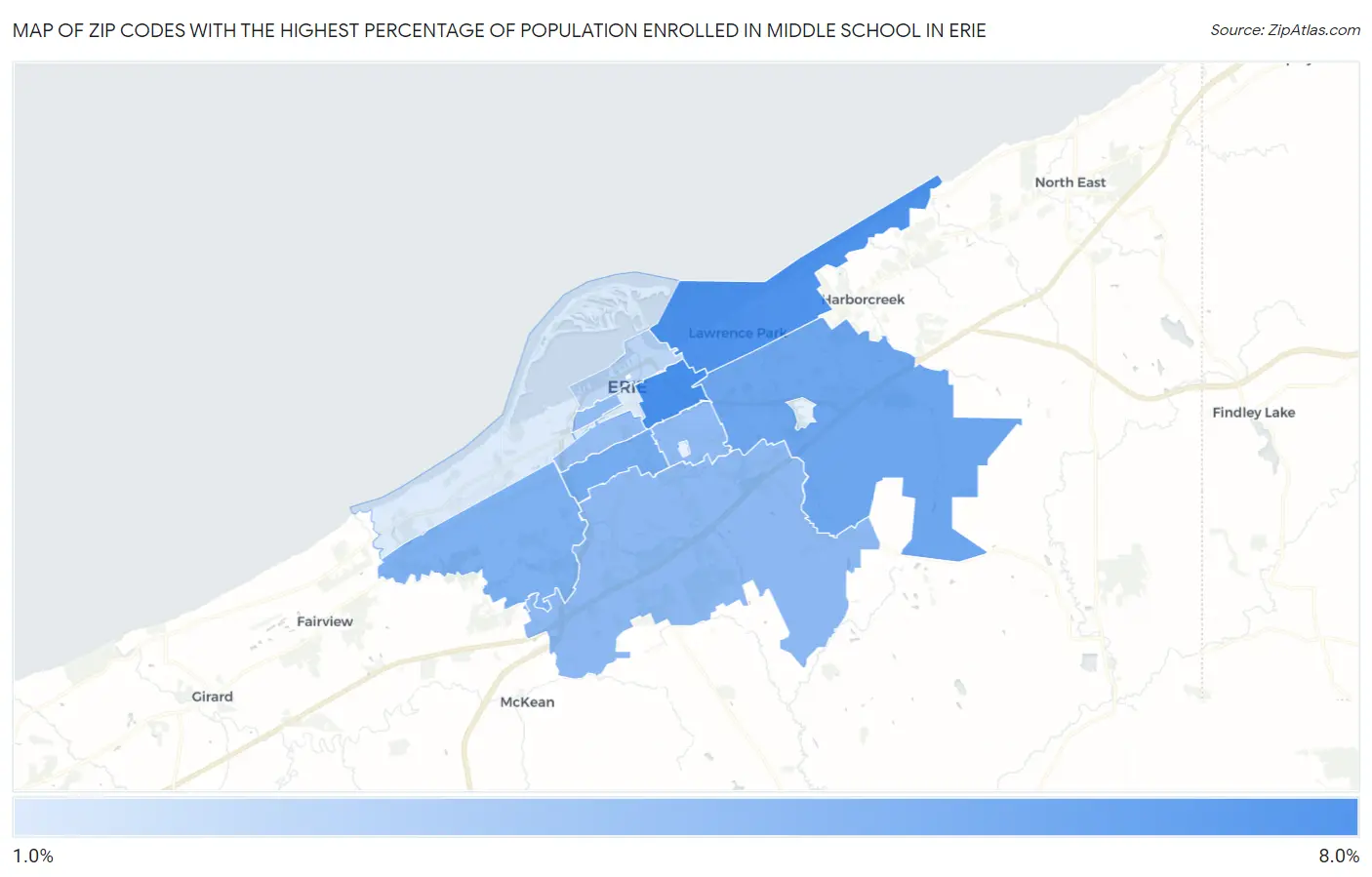 Zip Codes with the Highest Percentage of Population Enrolled in Middle School in Erie Map