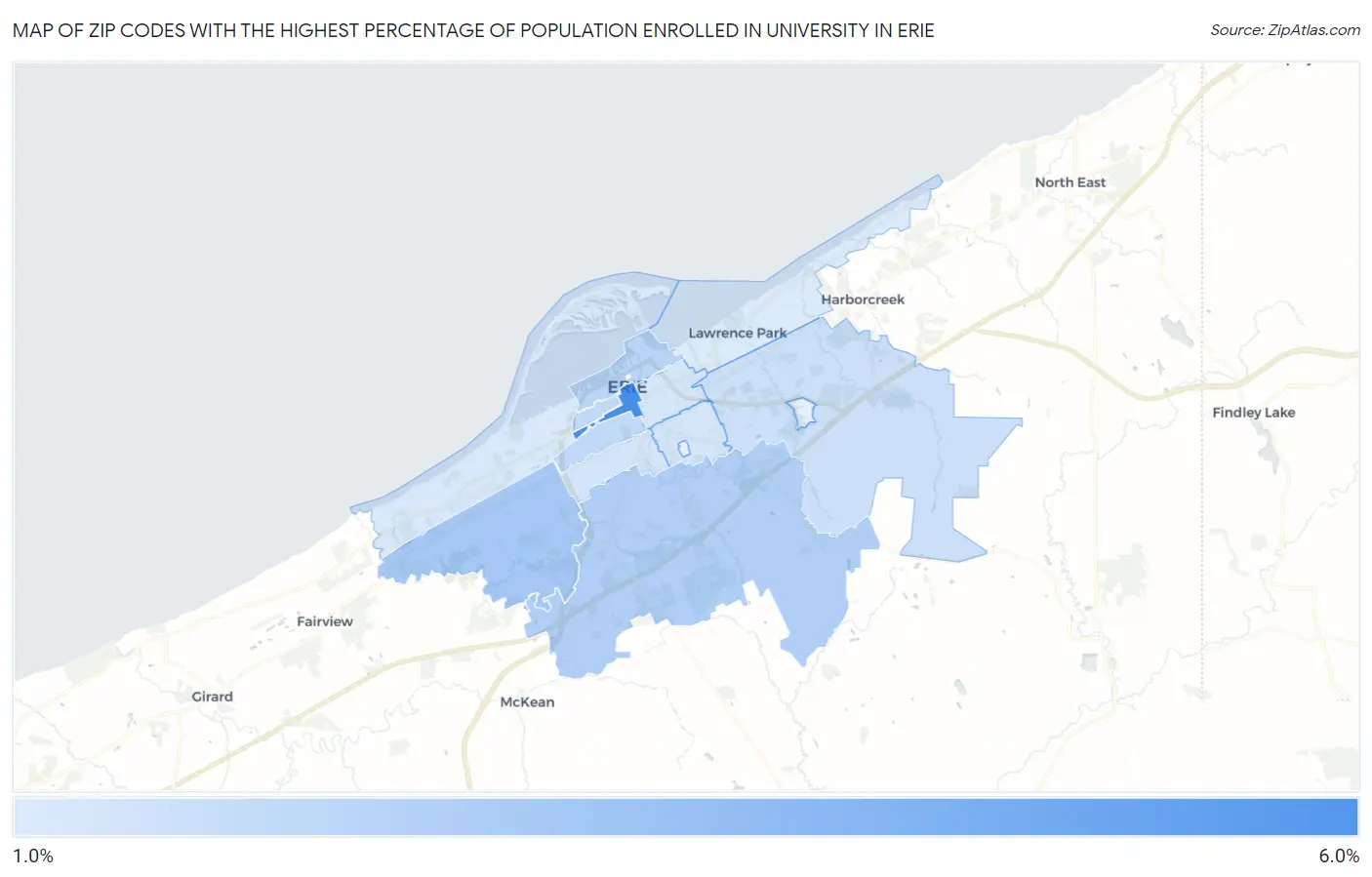 Zip Codes with the Highest Percentage of Population Enrolled in University in Erie Map