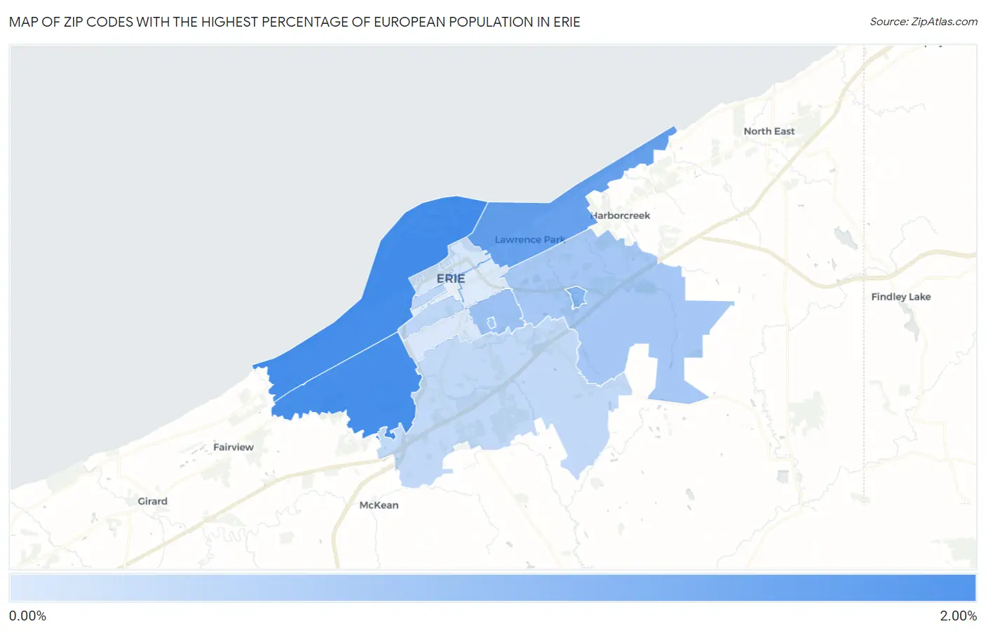 Zip Codes with the Highest Percentage of European Population in Erie Map