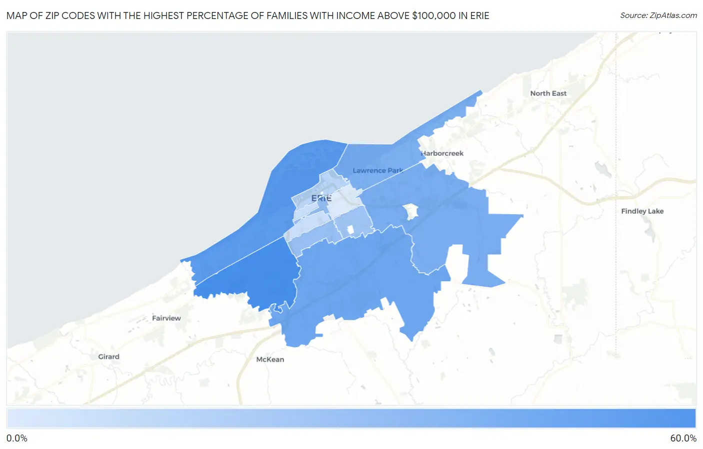 Zip Codes with the Highest Percentage of Families with Income Above $100,000 in Erie Map