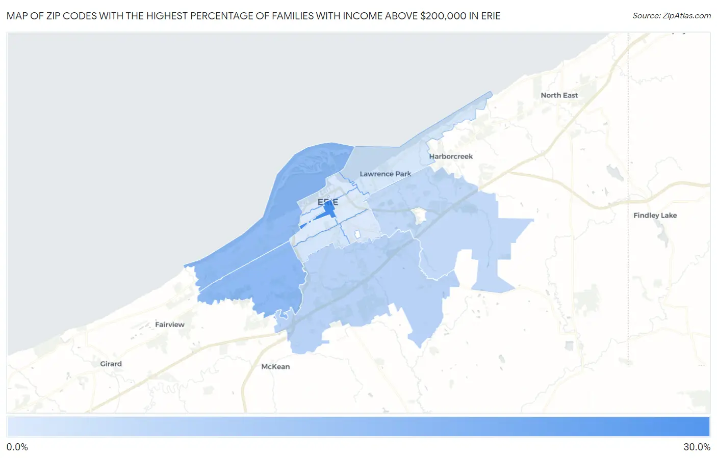 Zip Codes with the Highest Percentage of Families with Income Above $200,000 in Erie Map