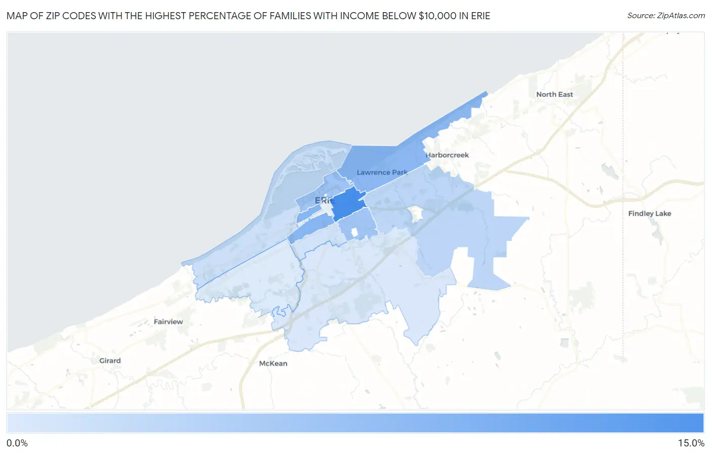 Zip Codes with the Highest Percentage of Families with Income Below $10,000 in Erie Map