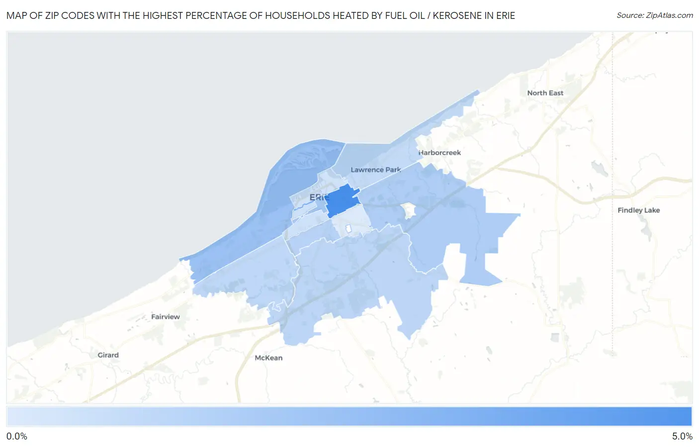 Zip Codes with the Highest Percentage of Households Heated by Fuel Oil / Kerosene in Erie Map