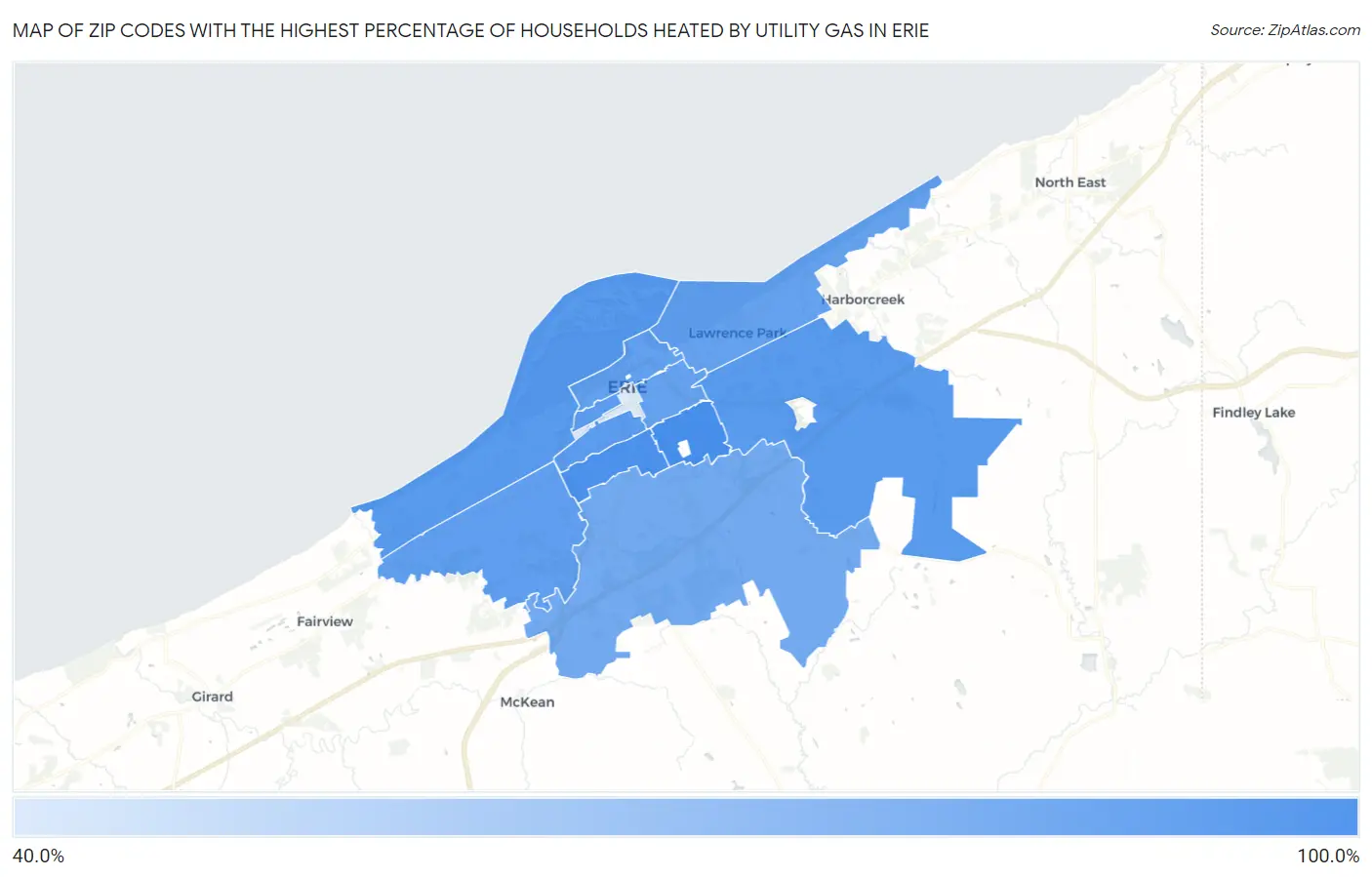 Zip Codes with the Highest Percentage of Households Heated by Utility Gas in Erie Map