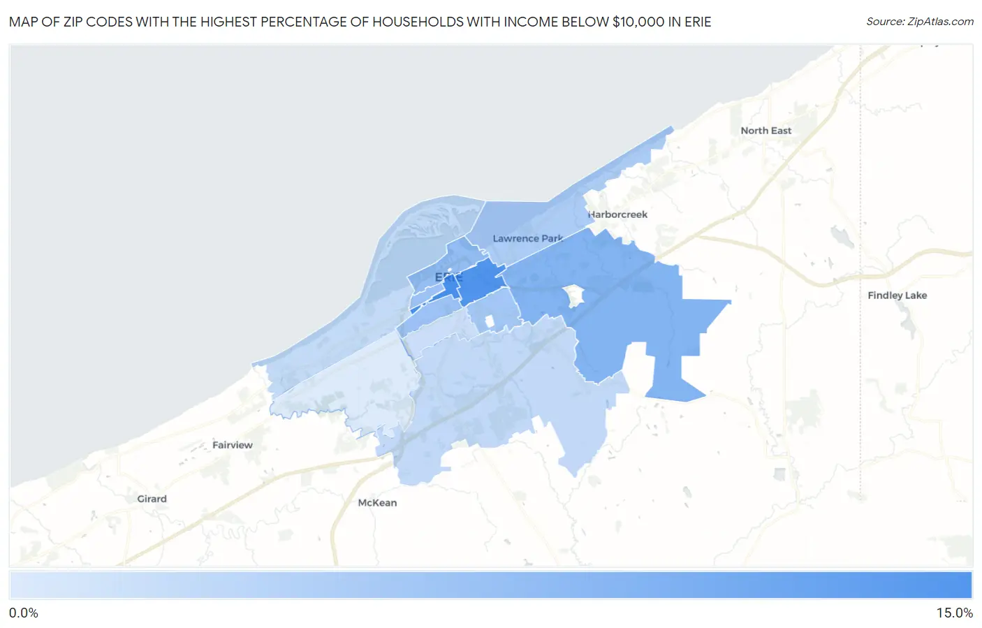 Zip Codes with the Highest Percentage of Households with Income Below $10,000 in Erie Map