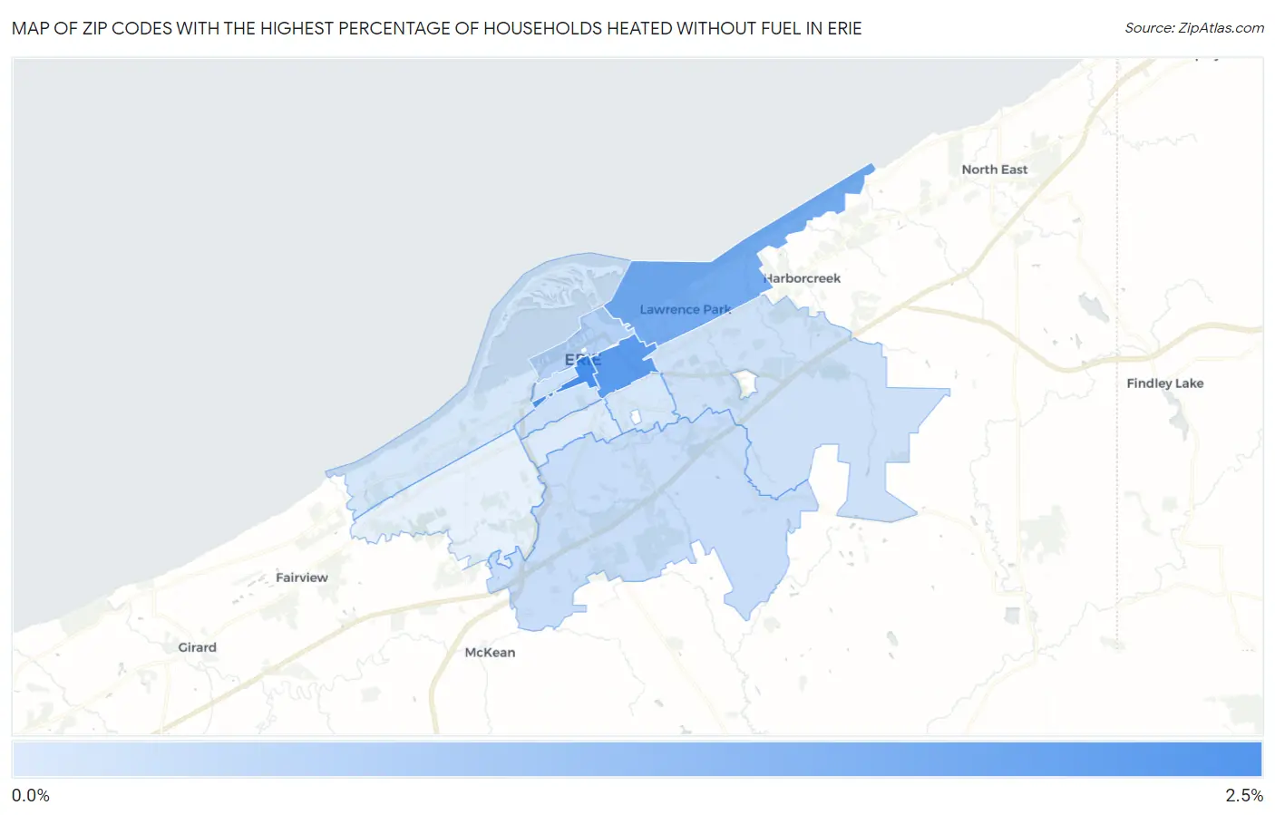 Zip Codes with the Highest Percentage of Households Heated without Fuel in Erie Map