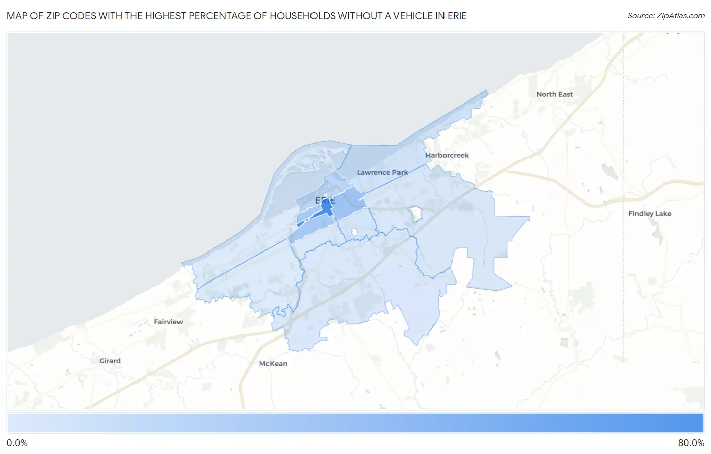 Zip Codes with the Highest Percentage of Households Without a Vehicle in Erie Map