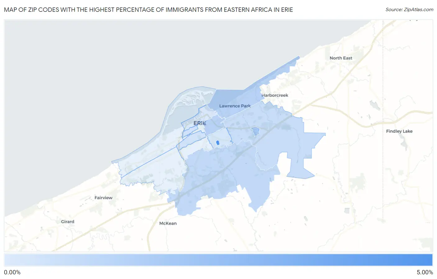 Zip Codes with the Highest Percentage of Immigrants from Eastern Africa in Erie Map