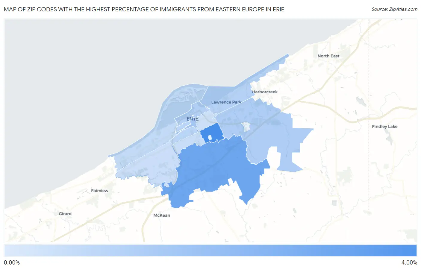Zip Codes with the Highest Percentage of Immigrants from Eastern Europe in Erie Map