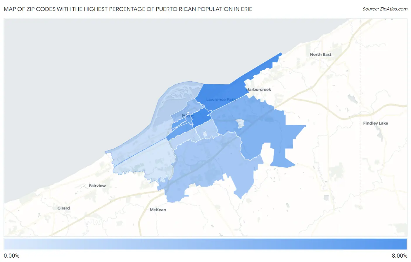 Zip Codes with the Highest Percentage of Puerto Rican Population in Erie Map