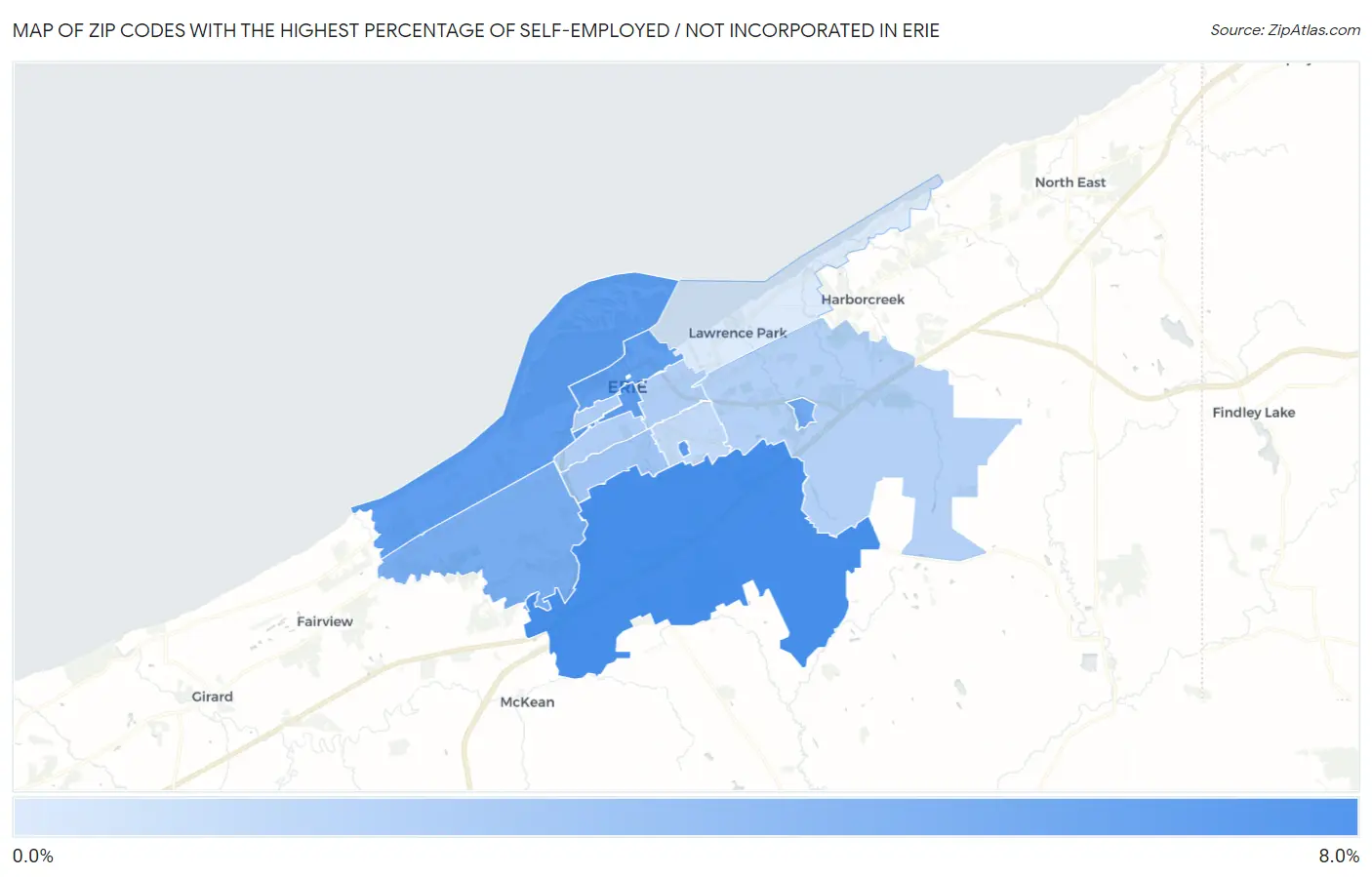 Zip Codes with the Highest Percentage of Self-Employed / Not Incorporated in Erie Map
