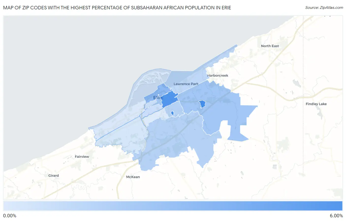 Zip Codes with the Highest Percentage of Subsaharan African Population in Erie Map