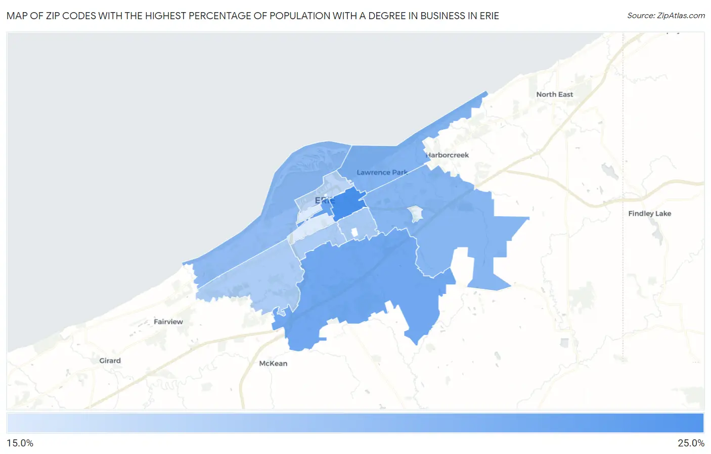 Zip Codes with the Highest Percentage of Population with a Degree in Business in Erie Map