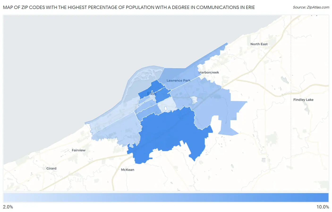Zip Codes with the Highest Percentage of Population with a Degree in Communications in Erie Map