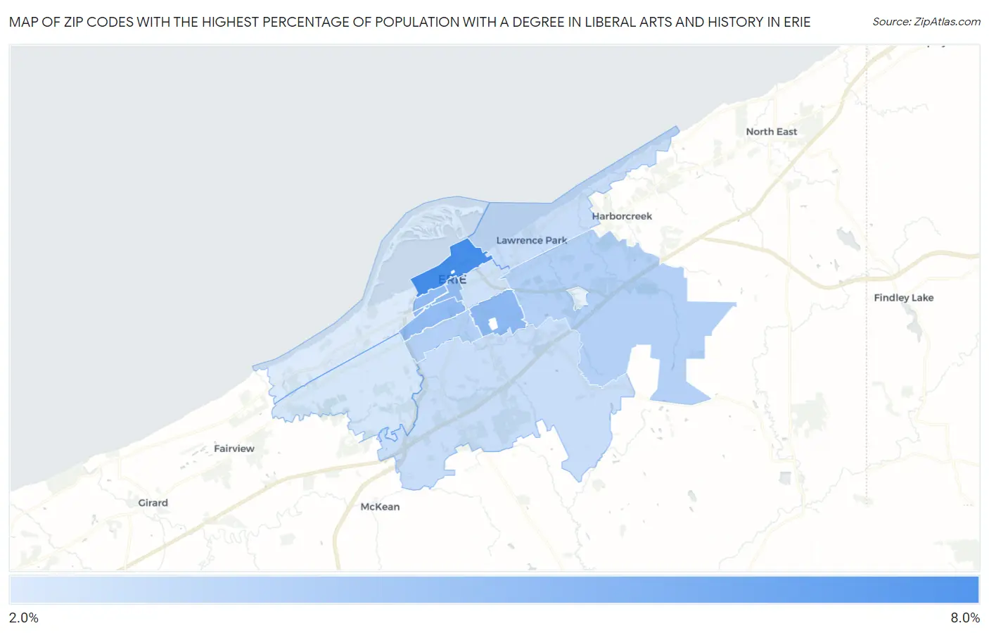 Zip Codes with the Highest Percentage of Population with a Degree in Liberal Arts and History in Erie Map