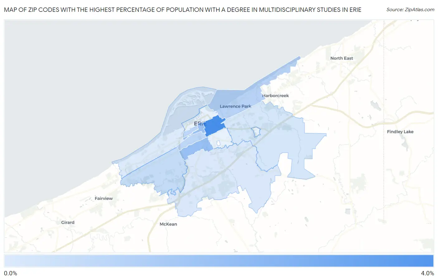 Zip Codes with the Highest Percentage of Population with a Degree in Multidisciplinary Studies in Erie Map