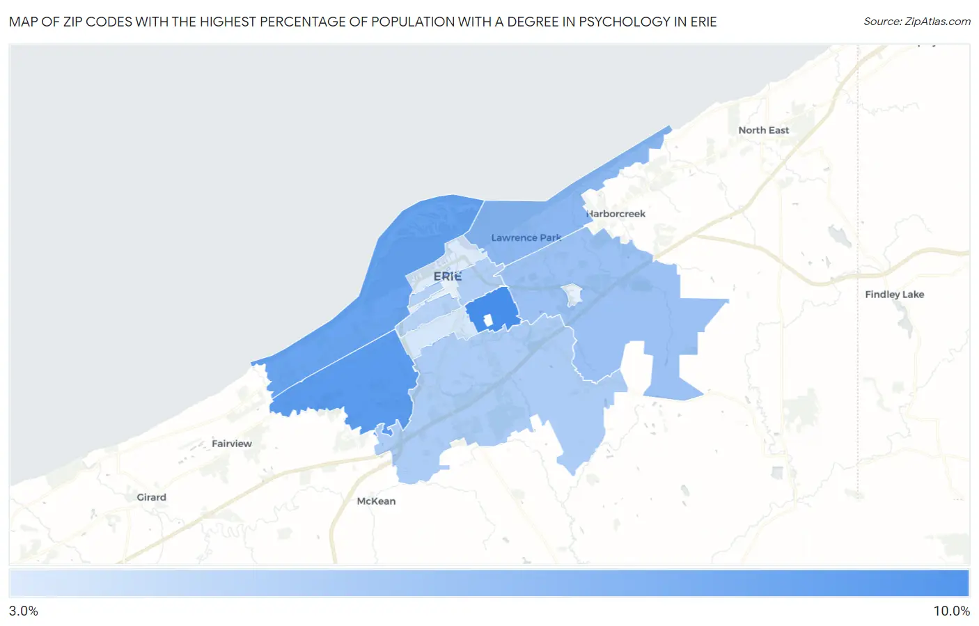 Zip Codes with the Highest Percentage of Population with a Degree in Psychology in Erie Map
