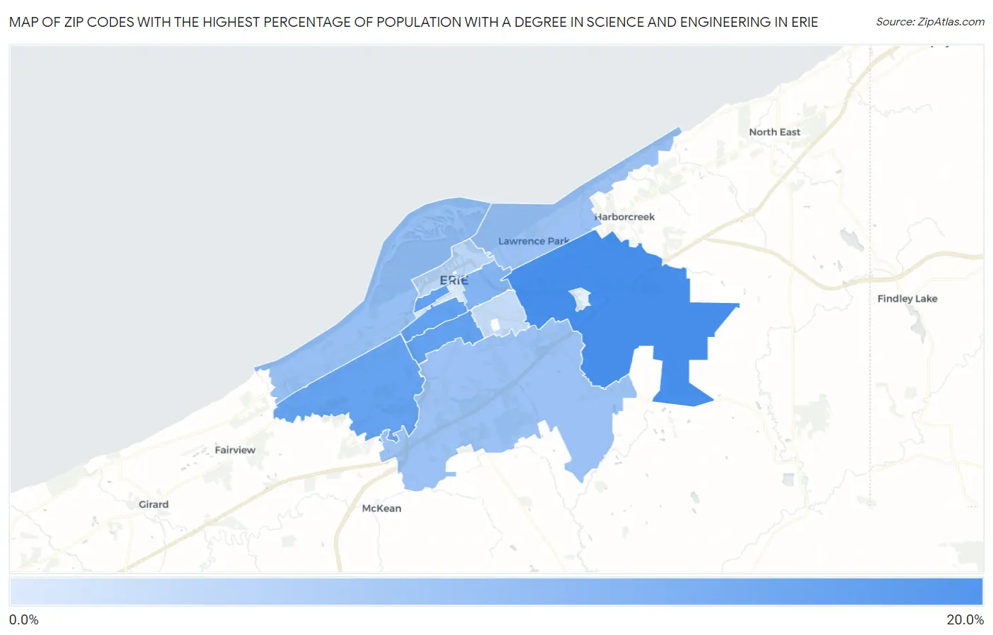 Zip Codes with the Highest Percentage of Population with a Degree in Science and Engineering in Erie Map
