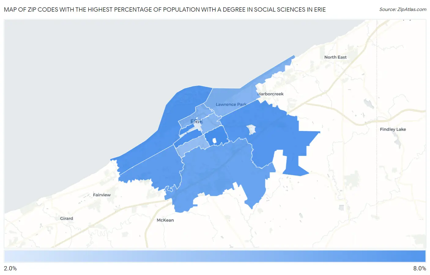 Zip Codes with the Highest Percentage of Population with a Degree in Social Sciences in Erie Map
