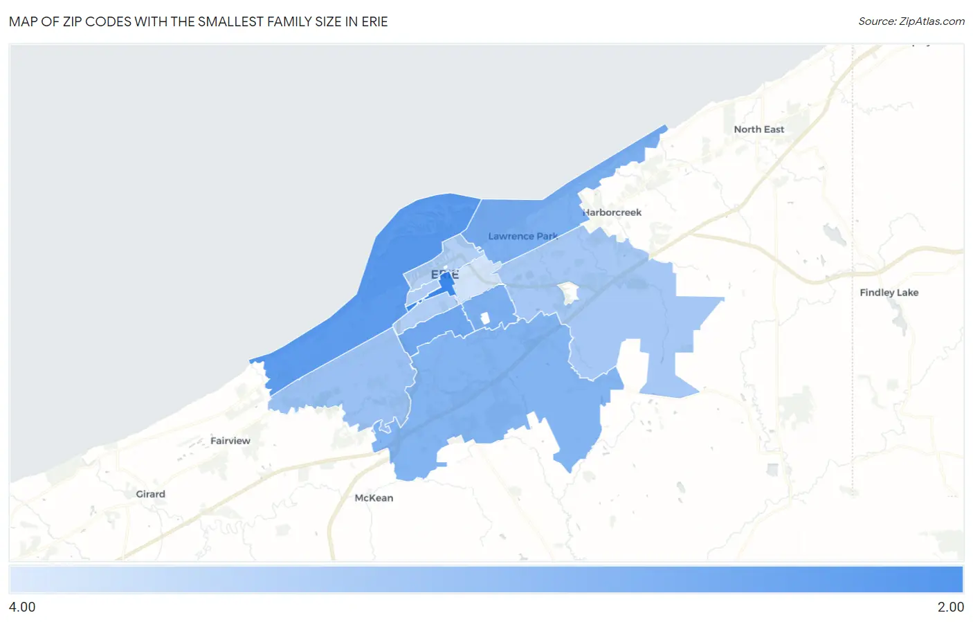 Zip Codes with the Smallest Family Size in Erie Map
