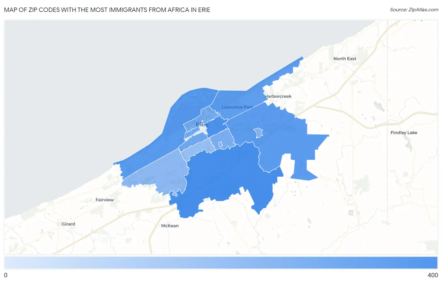 Zip Codes with the Most Immigrants from Africa in Erie Map