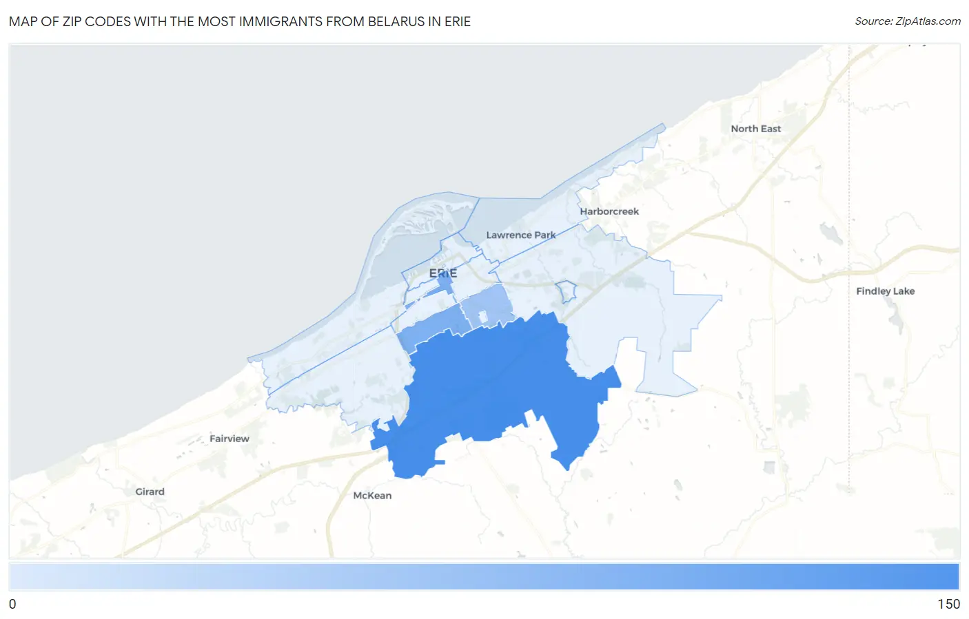 Zip Codes with the Most Immigrants from Belarus in Erie Map