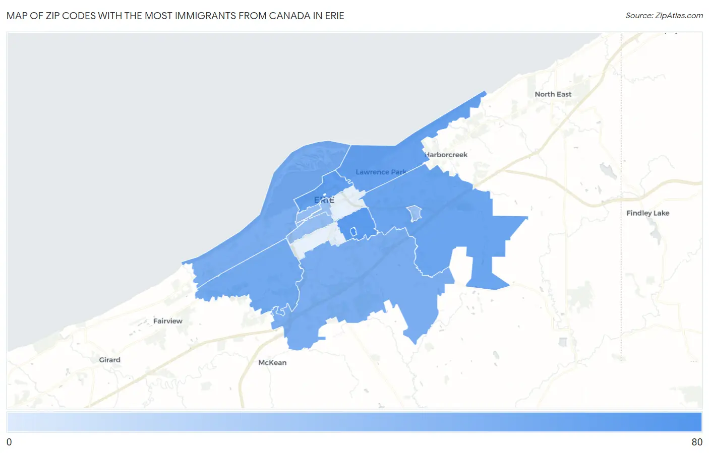 Zip Codes with the Most Immigrants from Canada in Erie Map