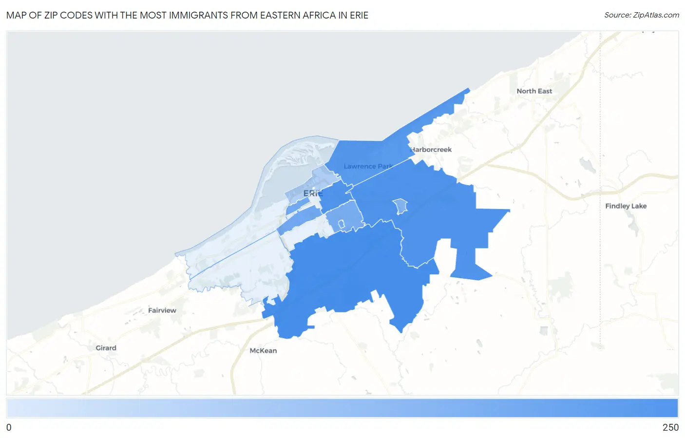 Zip Codes with the Most Immigrants from Eastern Africa in Erie Map