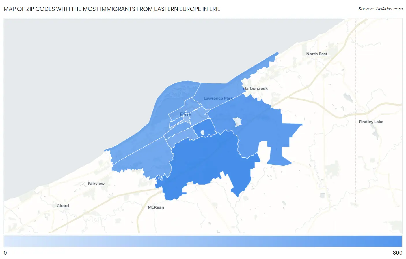 Zip Codes with the Most Immigrants from Eastern Europe in Erie Map