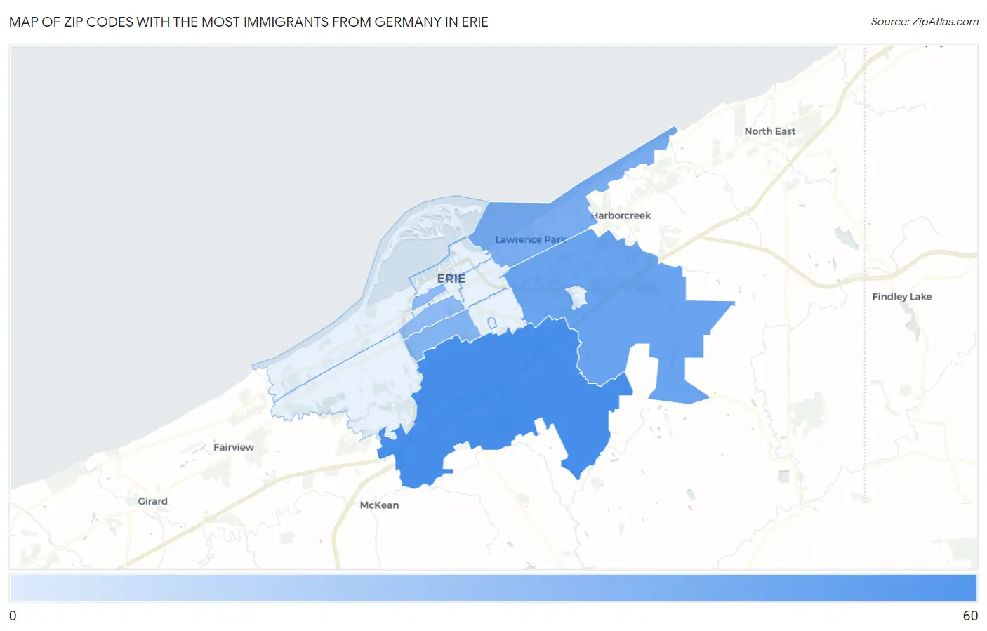 Zip Codes with the Most Immigrants from Germany in Erie Map