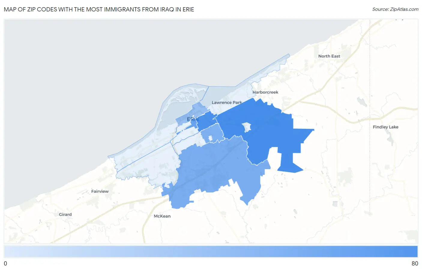 Zip Codes with the Most Immigrants from Iraq in Erie Map