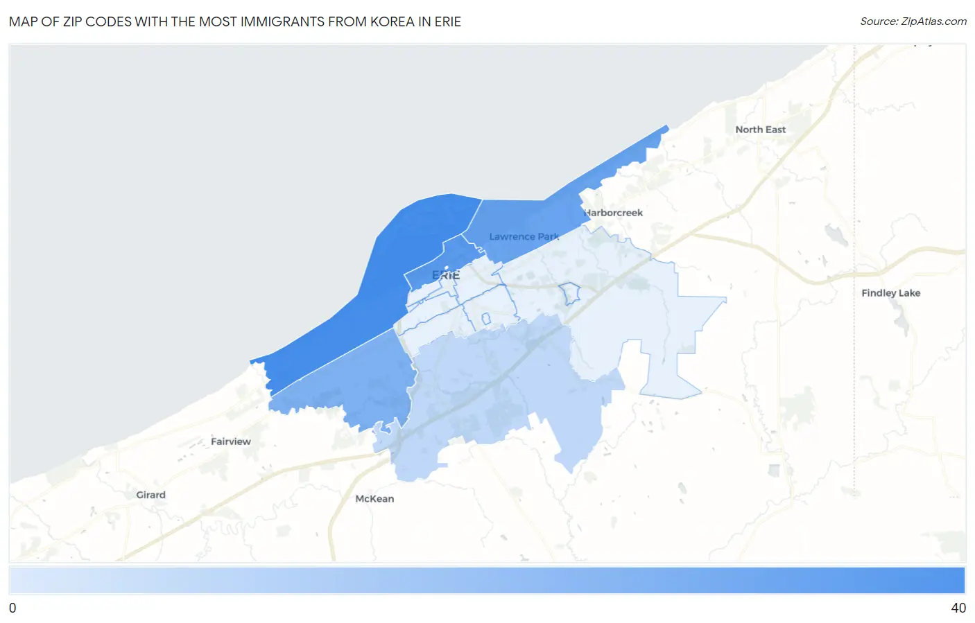 Zip Codes with the Most Immigrants from Korea in Erie Map