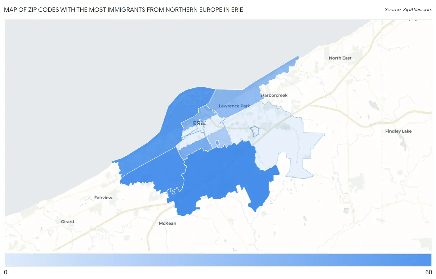 Zip Codes with the Most Immigrants from Northern Europe in Erie Map