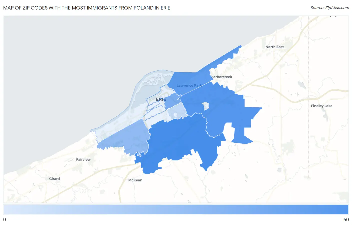 Zip Codes with the Most Immigrants from Poland in Erie Map