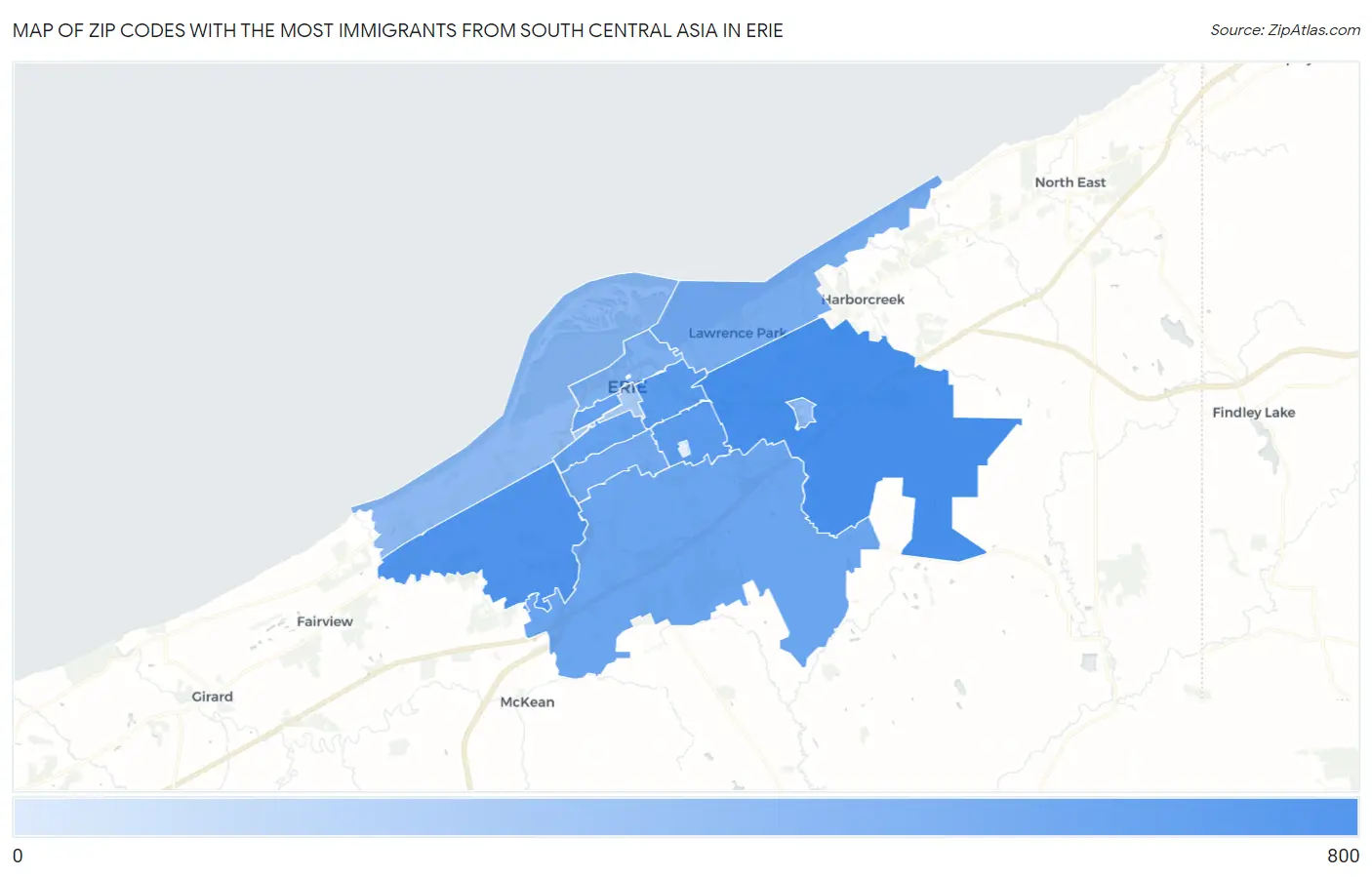 Zip Codes with the Most Immigrants from South Central Asia in Erie Map