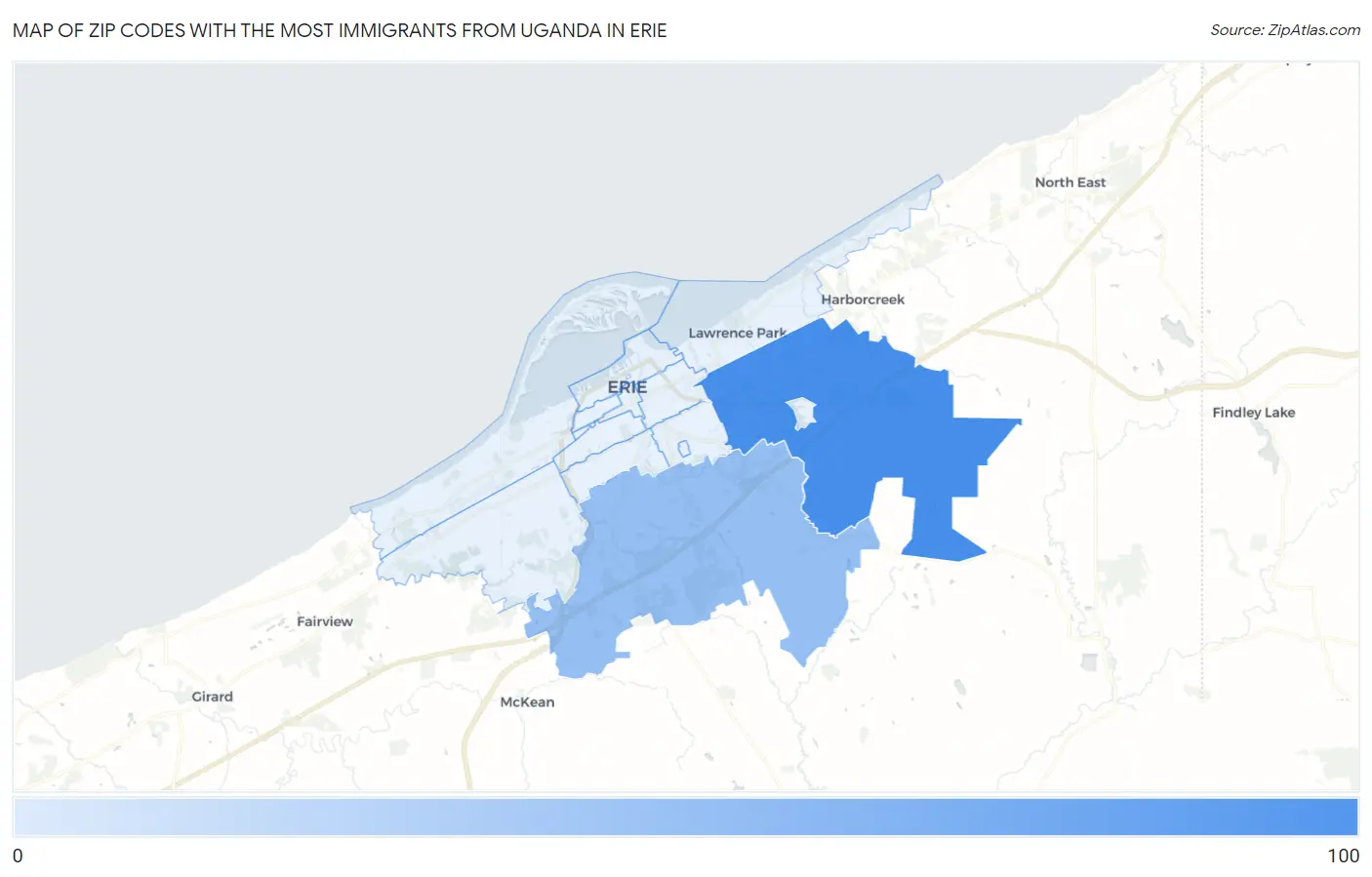 Zip Codes with the Most Immigrants from Uganda in Erie Map