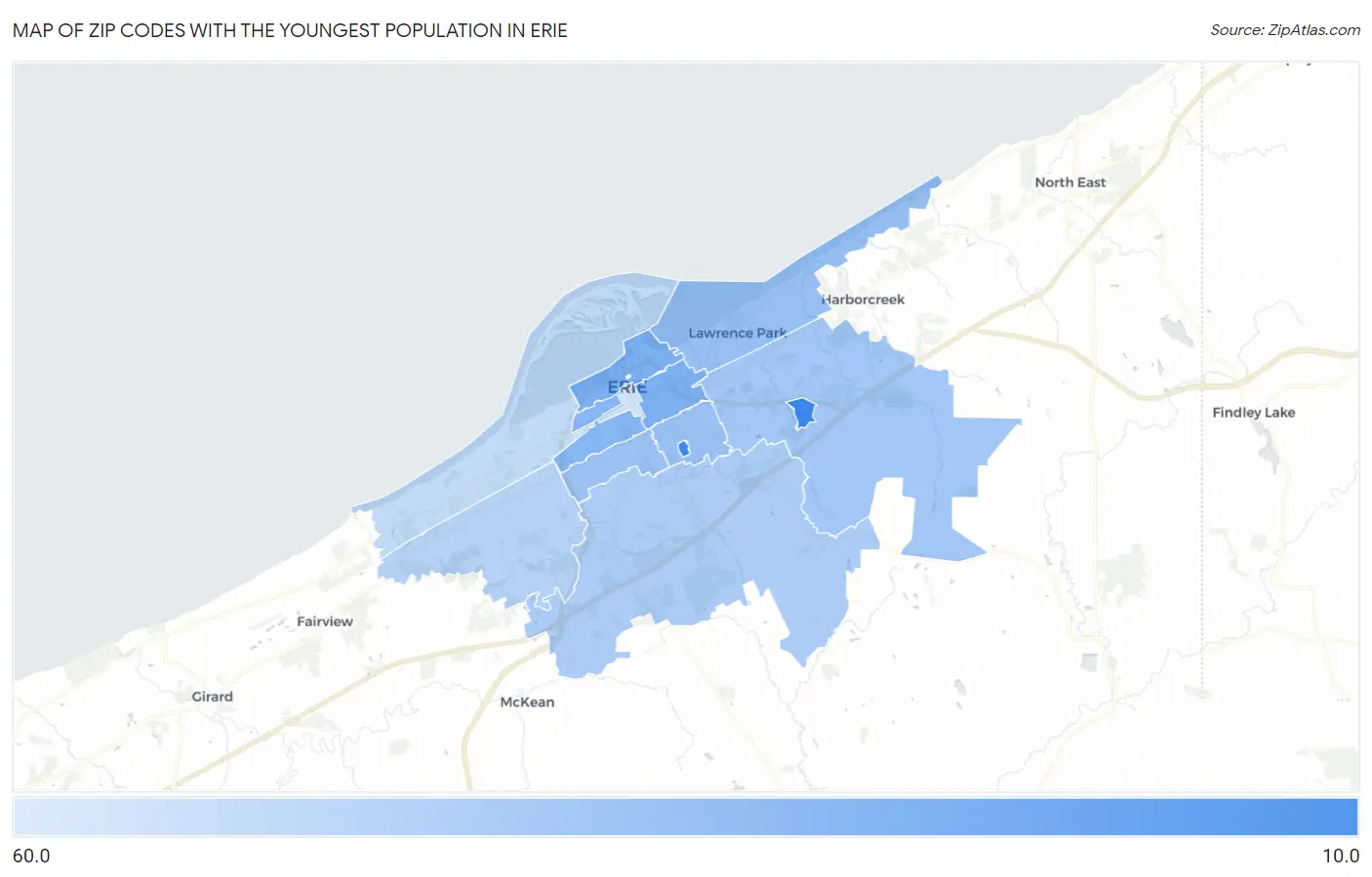 Zip Codes with the Youngest Population in Erie Map