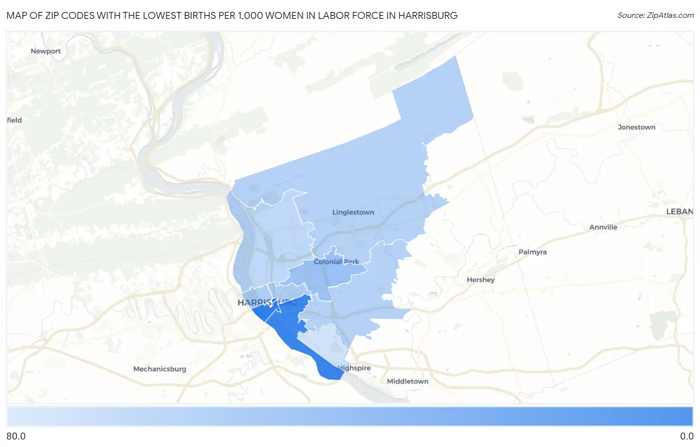 Zip Codes with the Lowest Births per 1,000 Women in Labor Force in Harrisburg Map