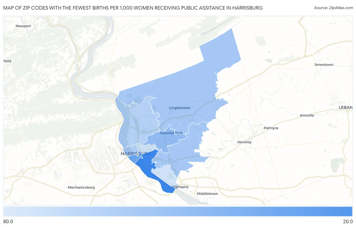 Zip Codes with the Fewest Births per 1,000 Women Receiving Public Assitance in Harrisburg Map