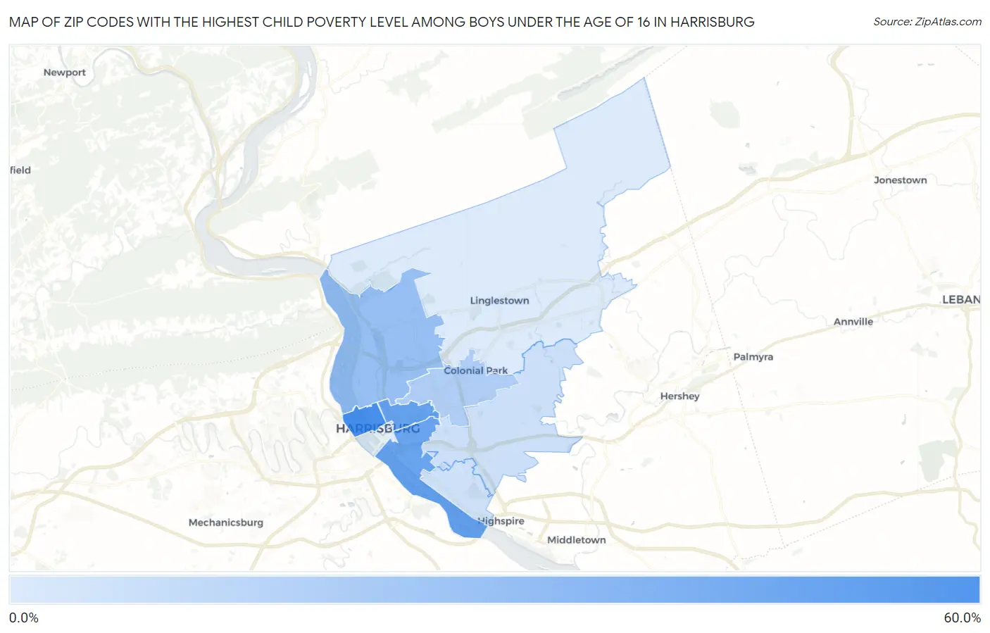 Zip Codes with the Highest Child Poverty Level Among Boys Under the Age of 16 in Harrisburg Map