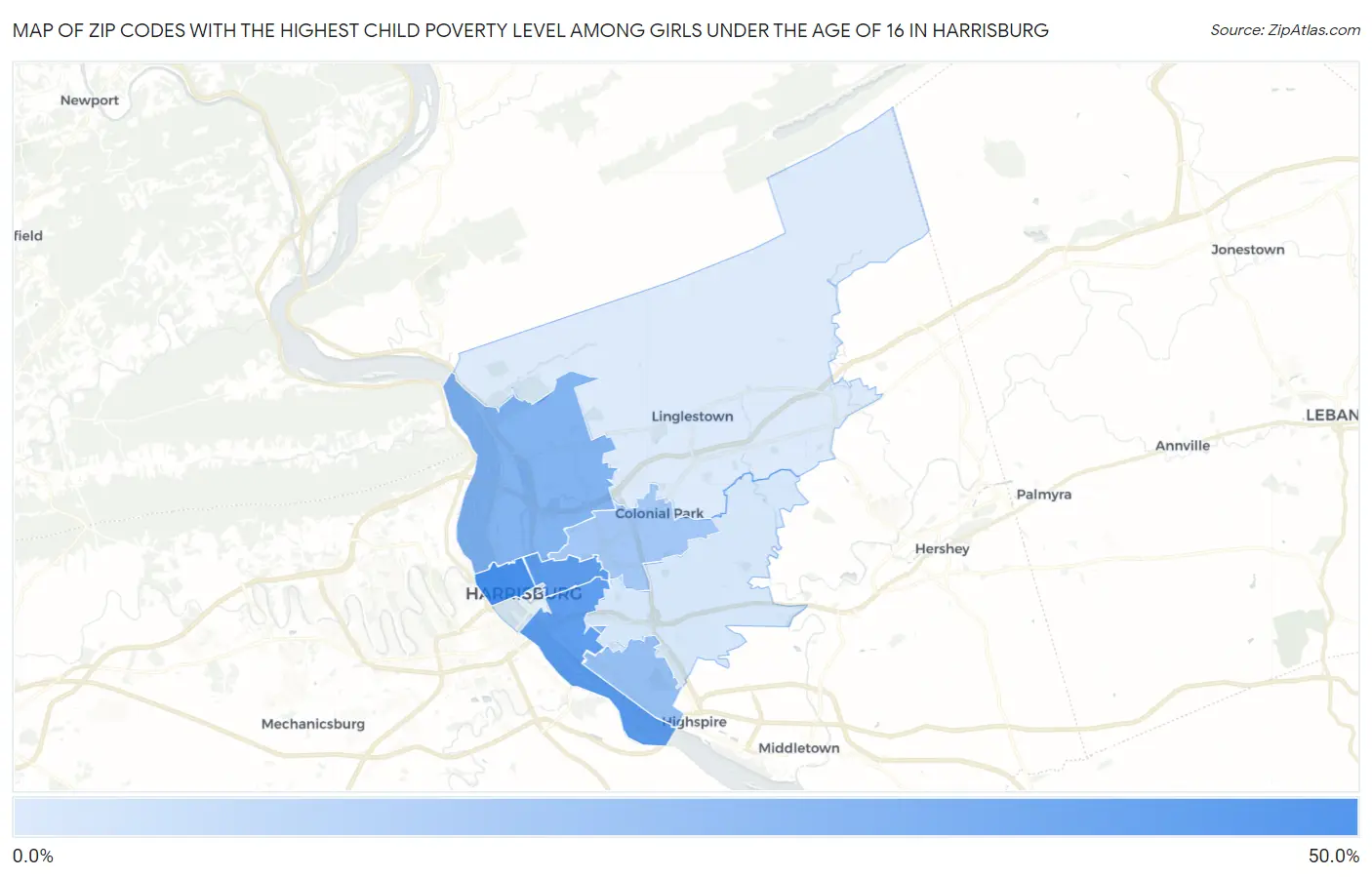 Zip Codes with the Highest Child Poverty Level Among Girls Under the Age of 16 in Harrisburg Map