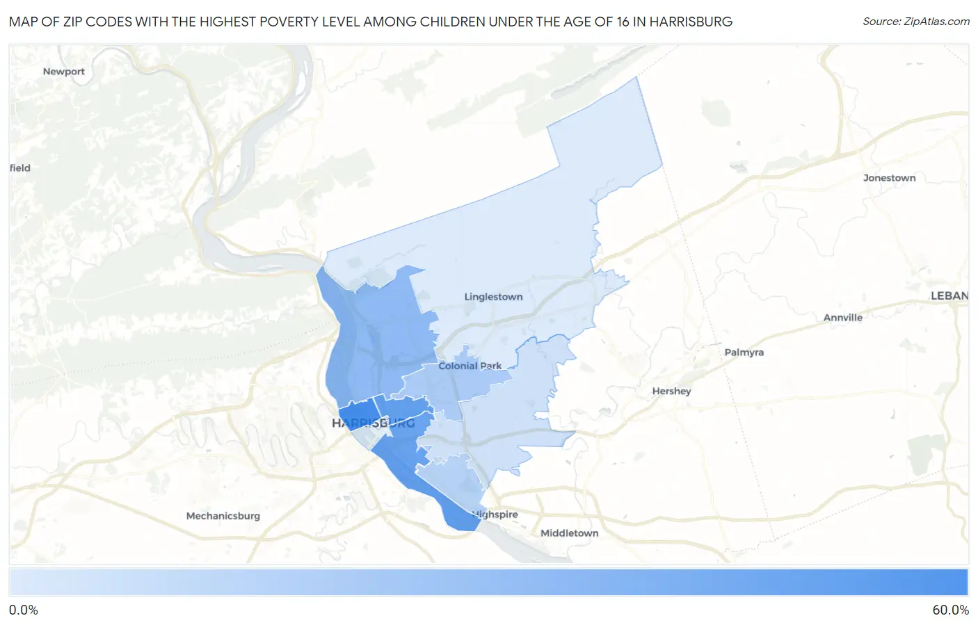 Zip Codes with the Highest Poverty Level Among Children Under the Age of 16 in Harrisburg Map