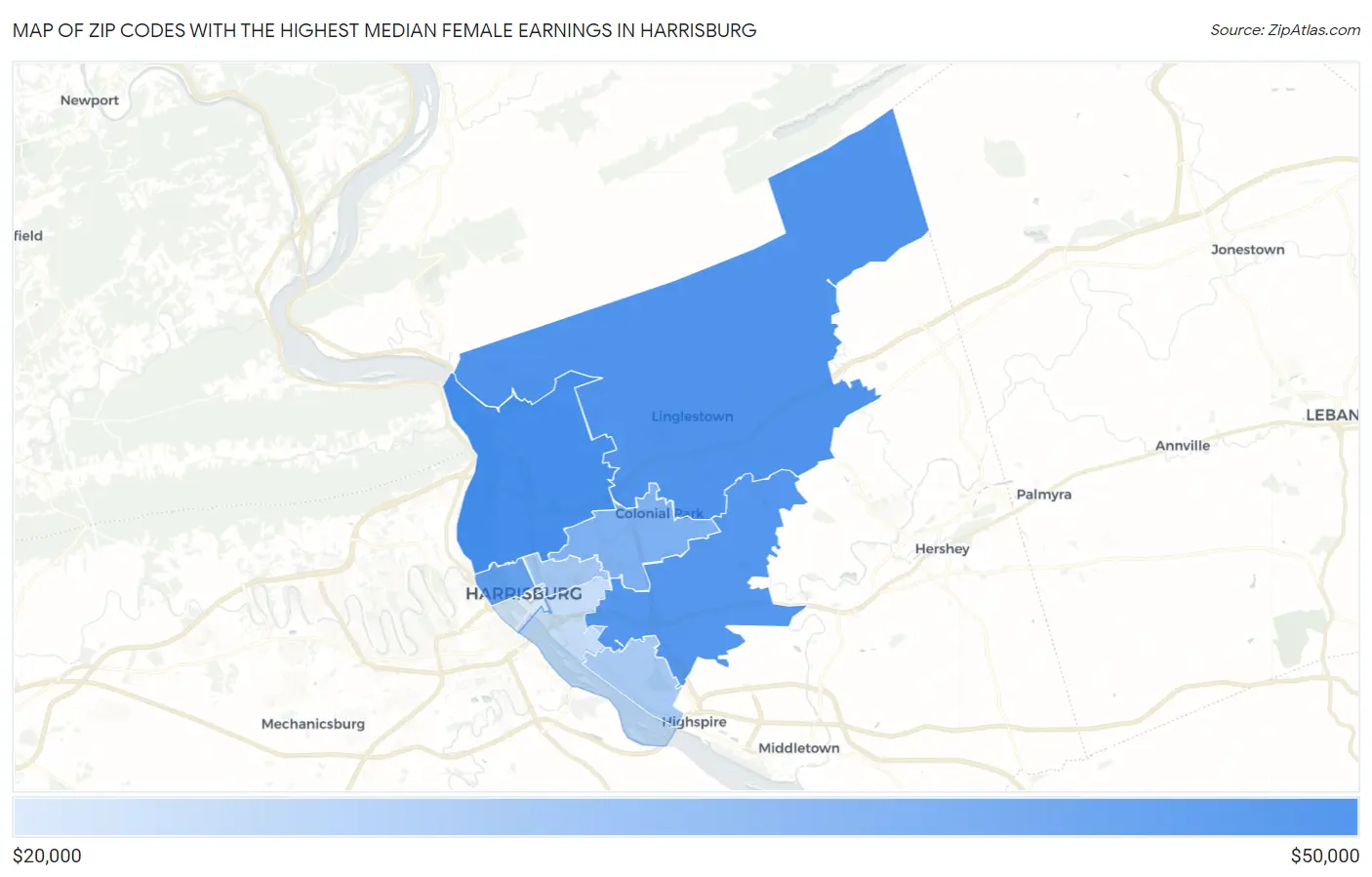 Zip Codes with the Highest Median Female Earnings in Harrisburg Map