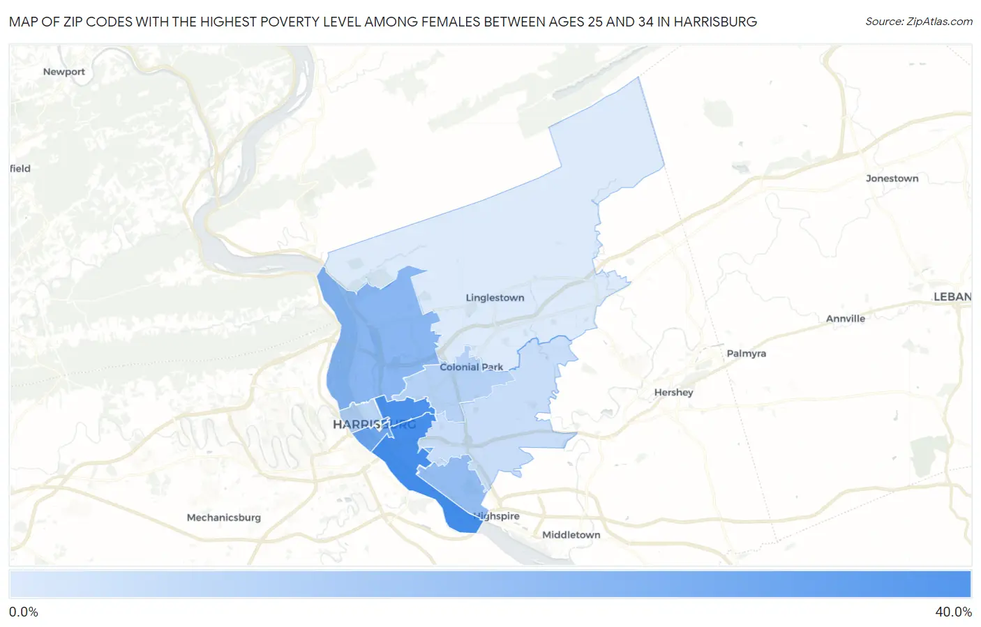 Zip Codes with the Highest Poverty Level Among Females Between Ages 25 and 34 in Harrisburg Map