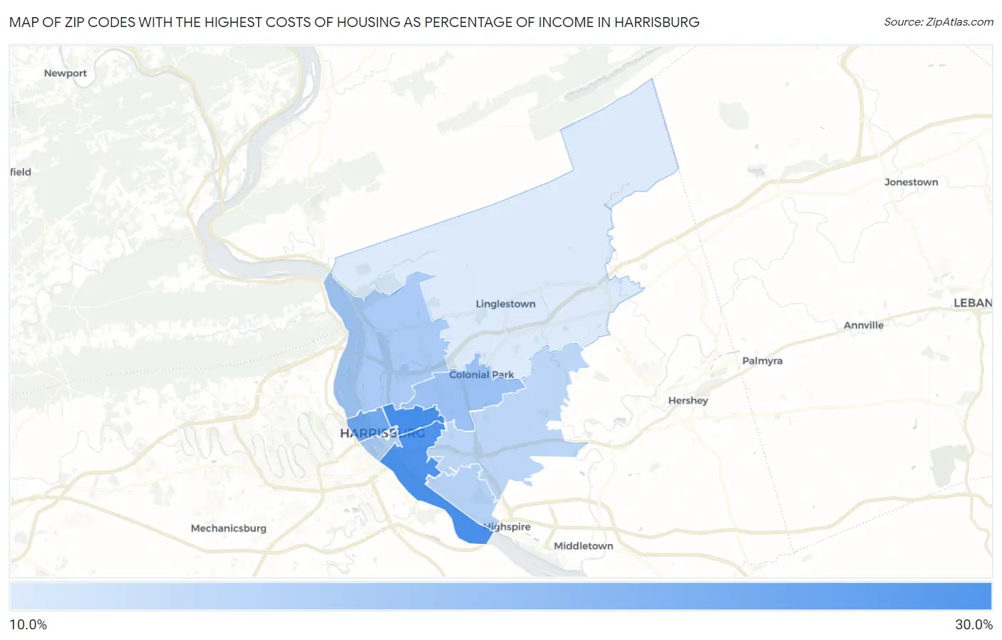 Zip Codes with the Highest Costs of Housing as Percentage of Income in Harrisburg Map