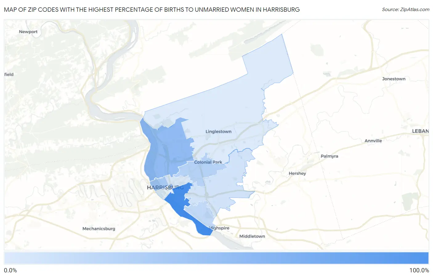 Zip Codes with the Highest Percentage of Births to Unmarried Women in Harrisburg Map