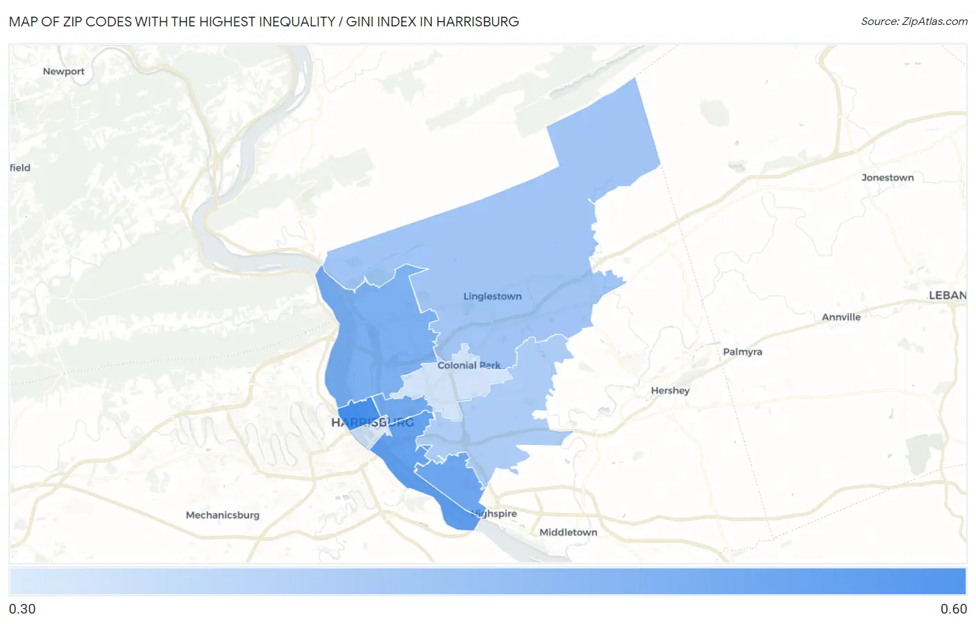 Zip Codes with the Highest Inequality / Gini Index in Harrisburg Map