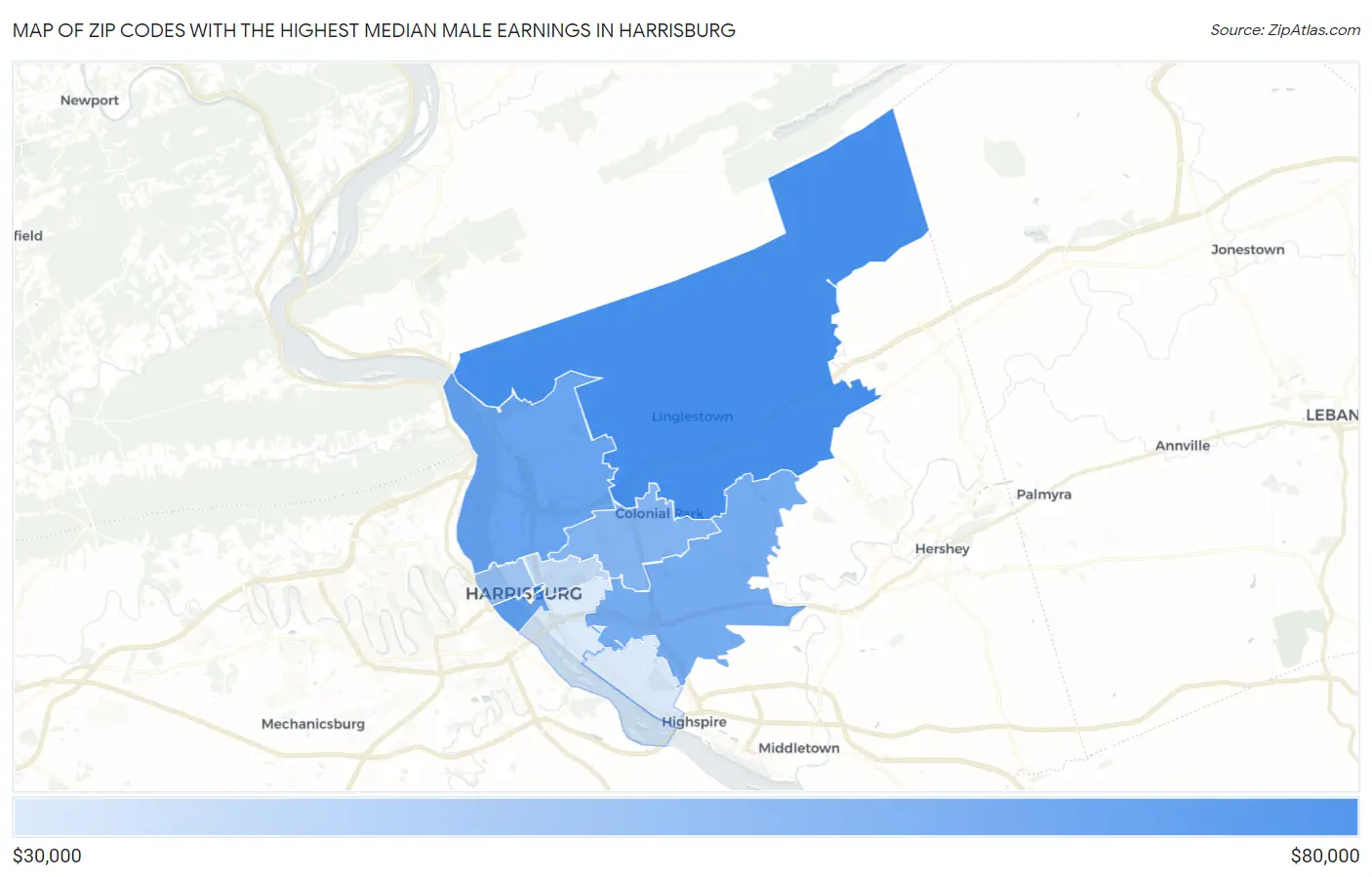 Zip Codes with the Highest Median Male Earnings in Harrisburg Map